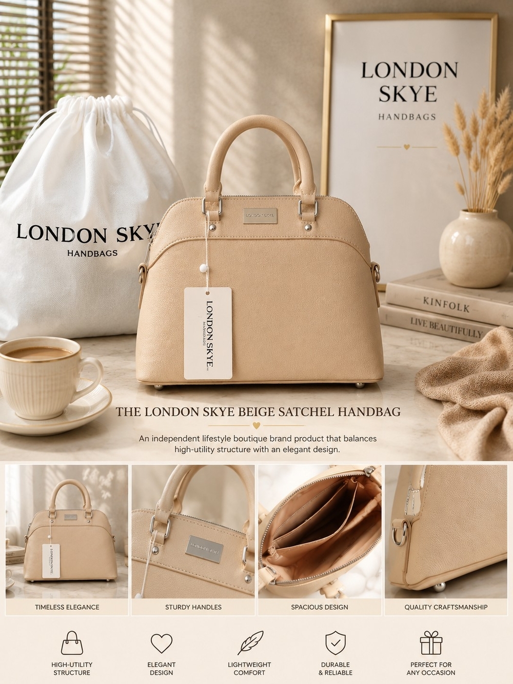Beige Structured Satchel Tote